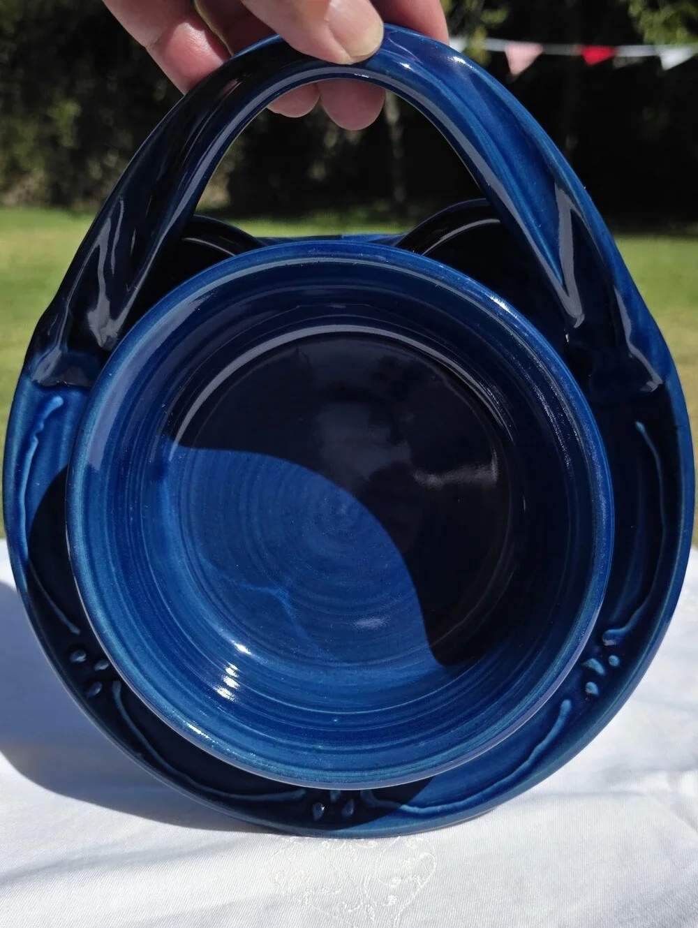 VTG Signed Studio Pottery Cobalt Blue Hand-Handled Condiment Server Basket